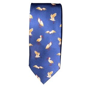 Vintage Lanbo Mens Silk Necktie Navy Blue Crane Ibis Bird Pattern Tie